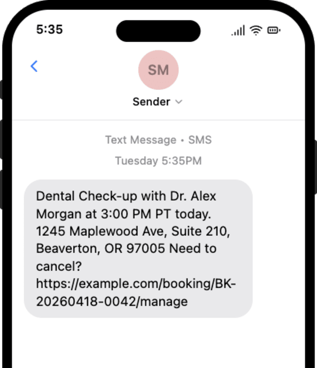 Appointment Reminder - 2 Hours Before — SMS