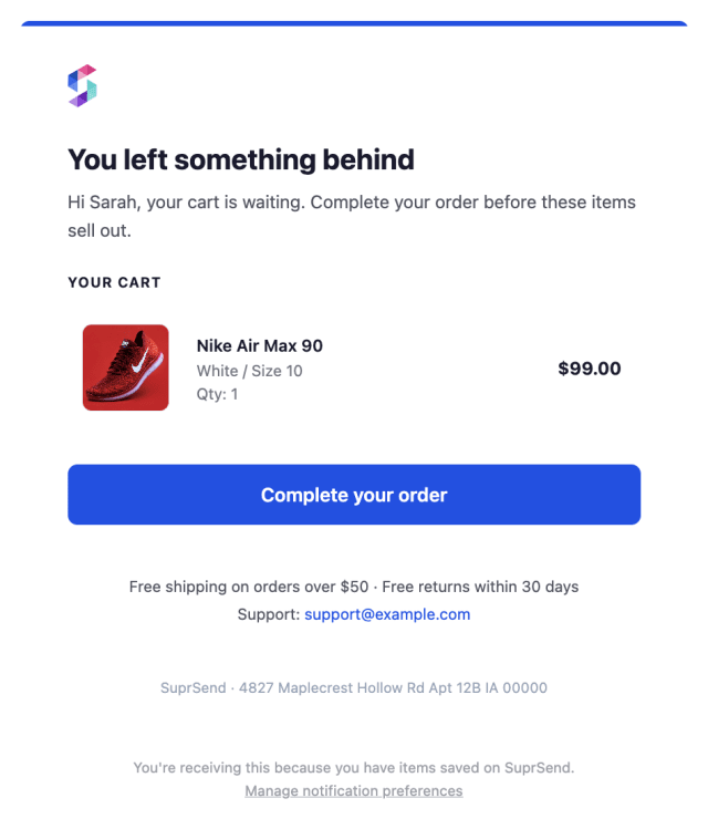 Items Left in Cart First Reminder — Email