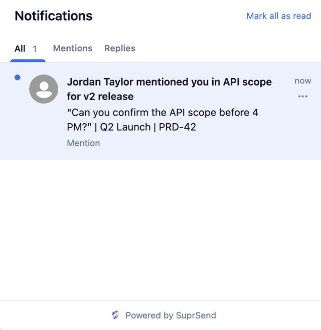 Comment with Mention — In-app inbox