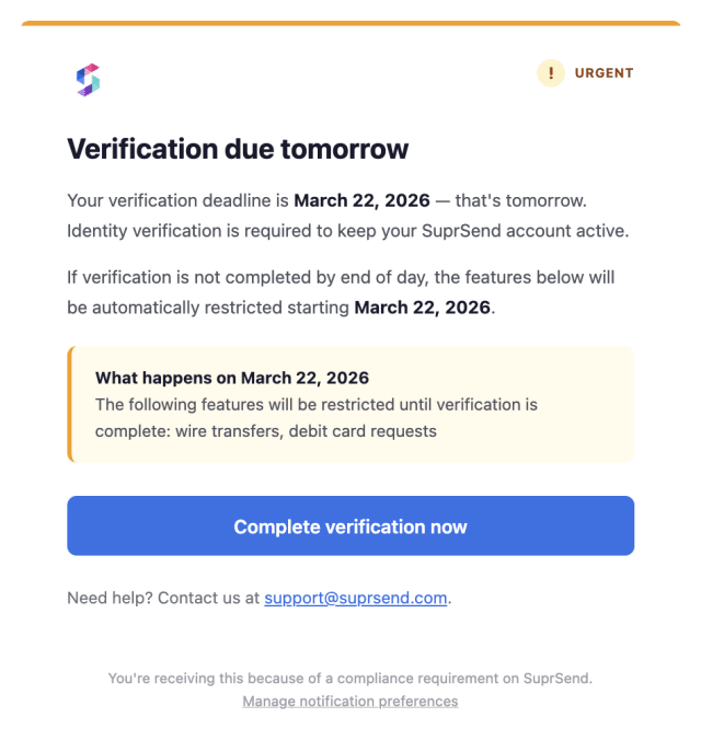 KYC Deadline Reminder One Day Before — Email