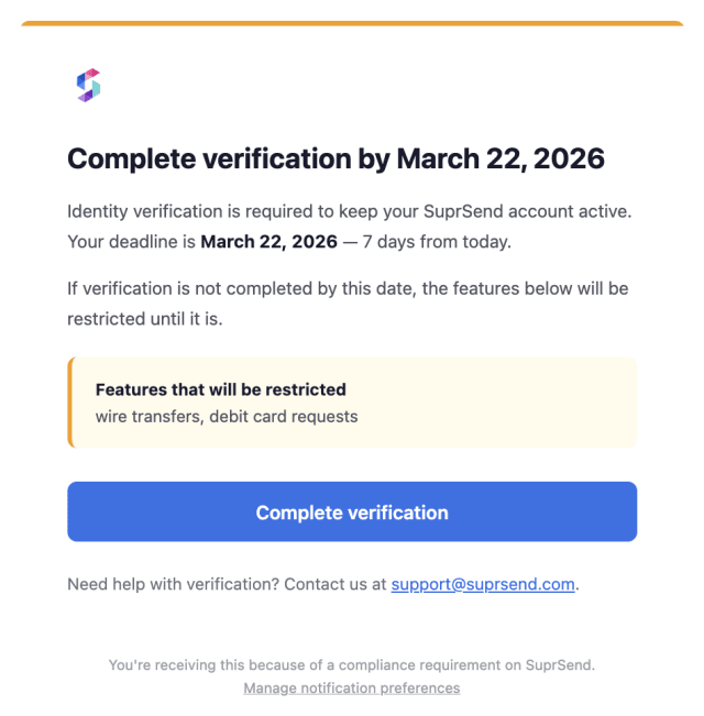 KYC Deadline Reminder One Week Prior — Email