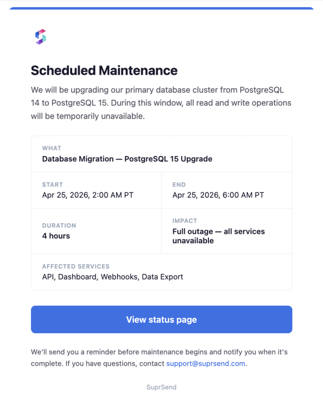 System Maintenance Scheduled Announcement — In-app inbox