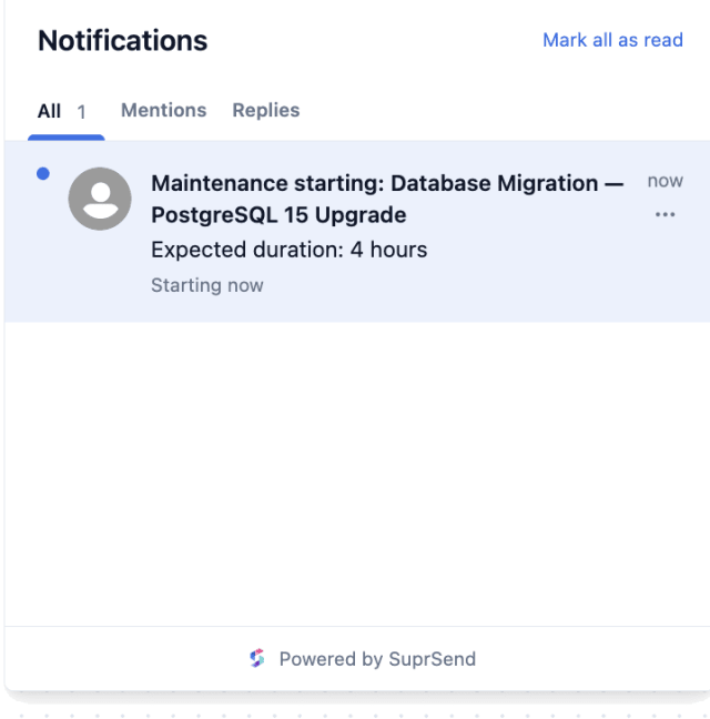 System Maintenance Starting — In-app inbox