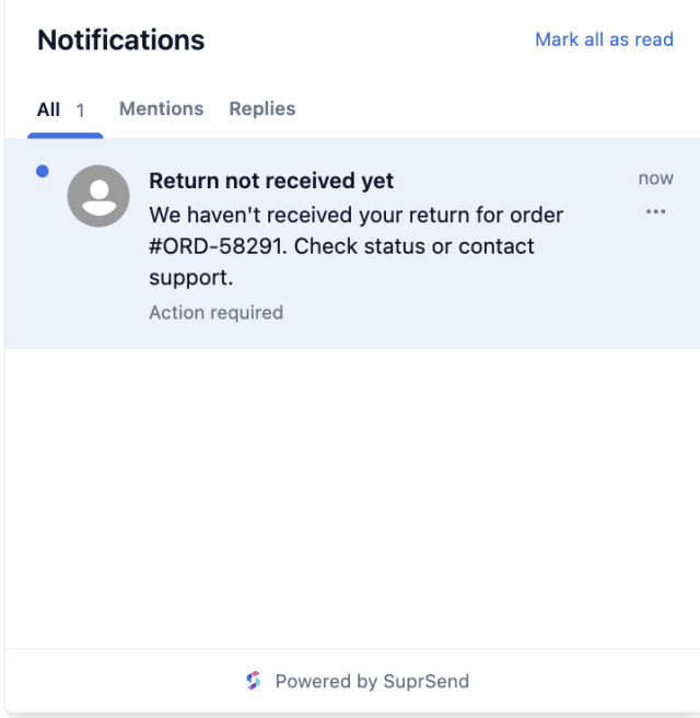 Order Return Not Picked Up — In-app inbox