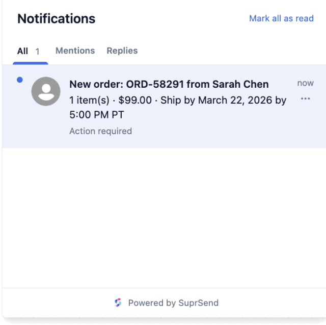 Order Received — In-app inbox