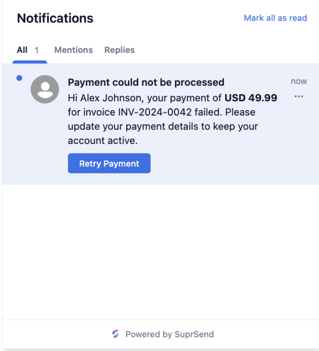 Dunning First Notice — In-app inbox