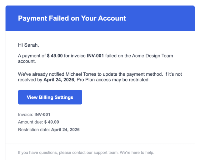 Dunning First Notice Account Owner — Email