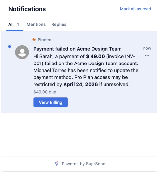 Dunning First Notice Account Owner — In-app inbox