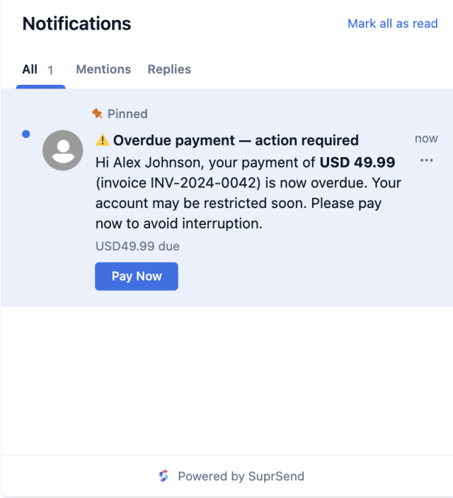 Dunning Warning — In-app inbox