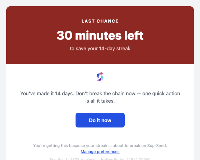 Few Minutes Left for Streak Completion — Email