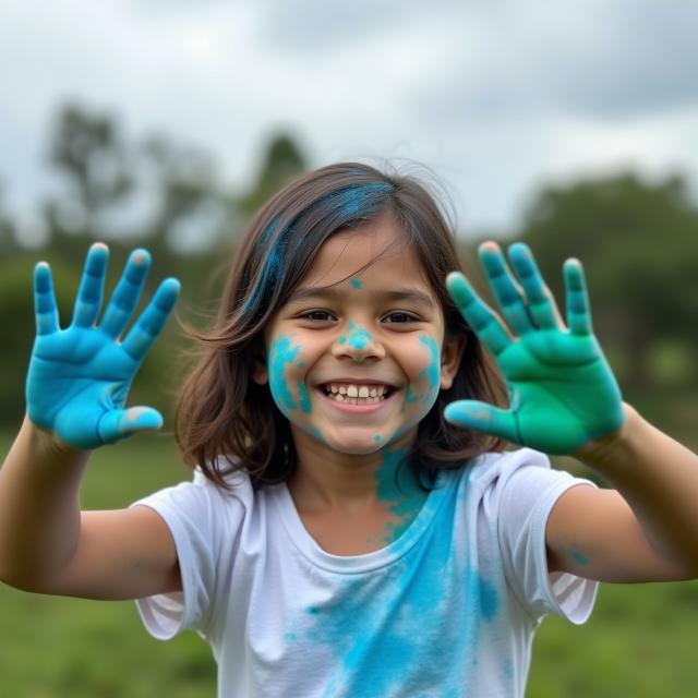 Niña sonriendo y con las manos y la cara pintadas