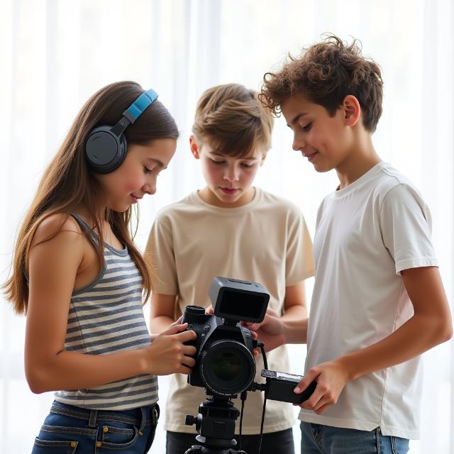 Varios niños están haciendo una grabación con una cámara de vídeo