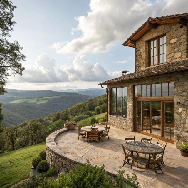 Exterior de una casa con una terraza y con vistas a las montañas