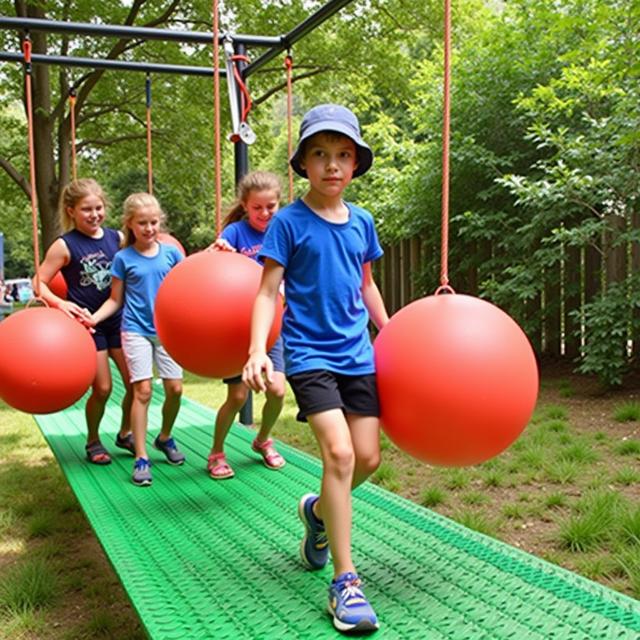 Varios niños jugando en una plataforma de equilibrio con bolas