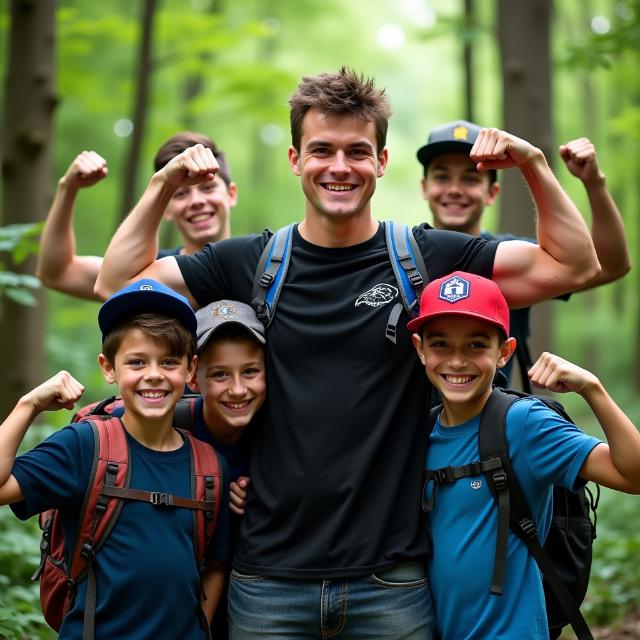 Varias personas adultas y menores que participan en el campamento haciéndose una foto