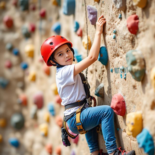 Una niña haciendo escalada en un rocódromo