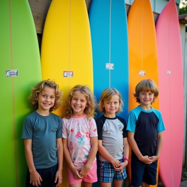 varios niños y niñas sonriendo delante de una tablas de surf  puestas en veritcal