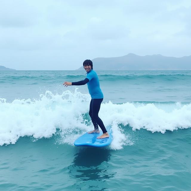 Una persona aprendiendo a coger una ola en la playa
