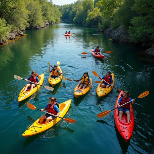 Varios niños están en kayaks por el río