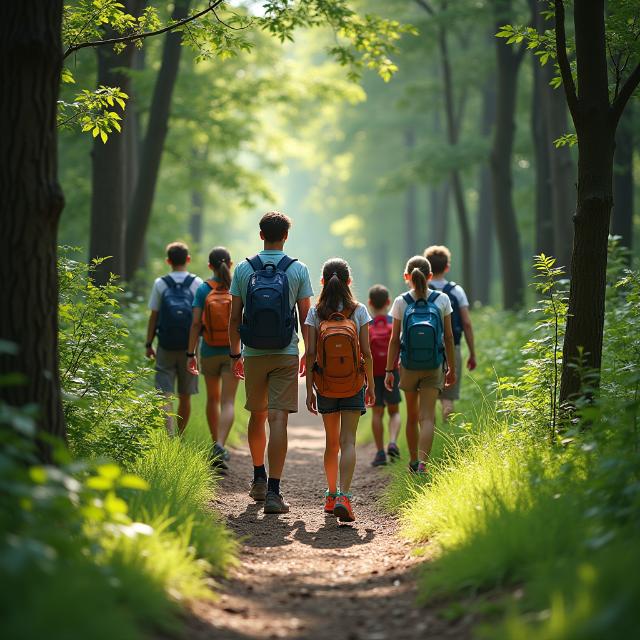 Un instructor con varios niños haciendo una ruta de senderismo