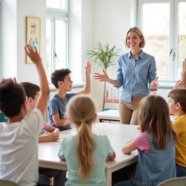 Instructora dando clase a varios niños en una sala