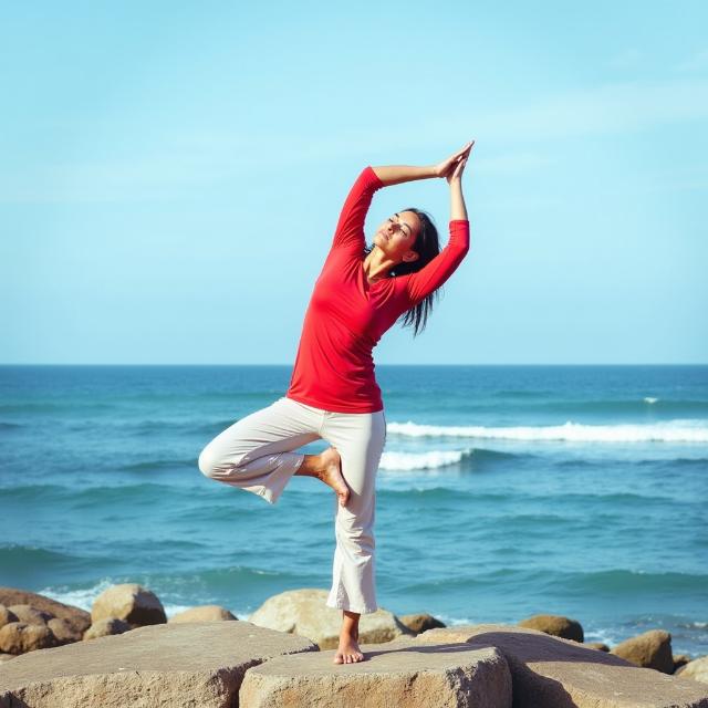 Una persona haciendo una posición de yoga sobre las rocas de una playa