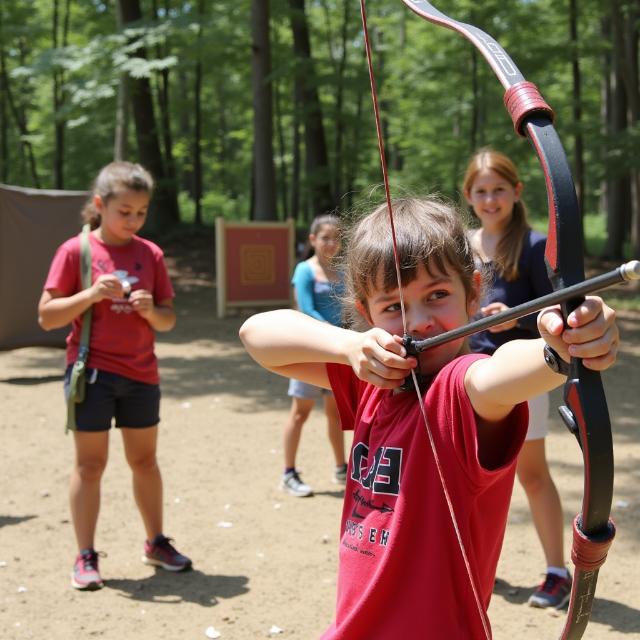 Varios niños jugando al tiro con arco en un campamento