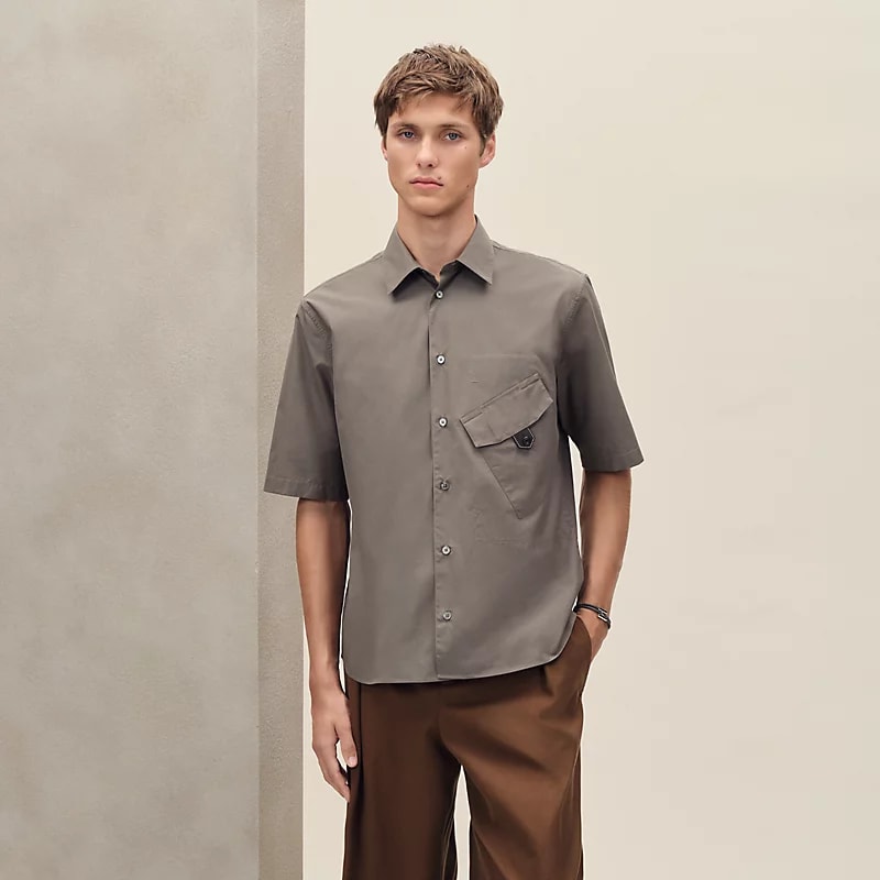 Short-sleeve straight cut shirt with leather detail
