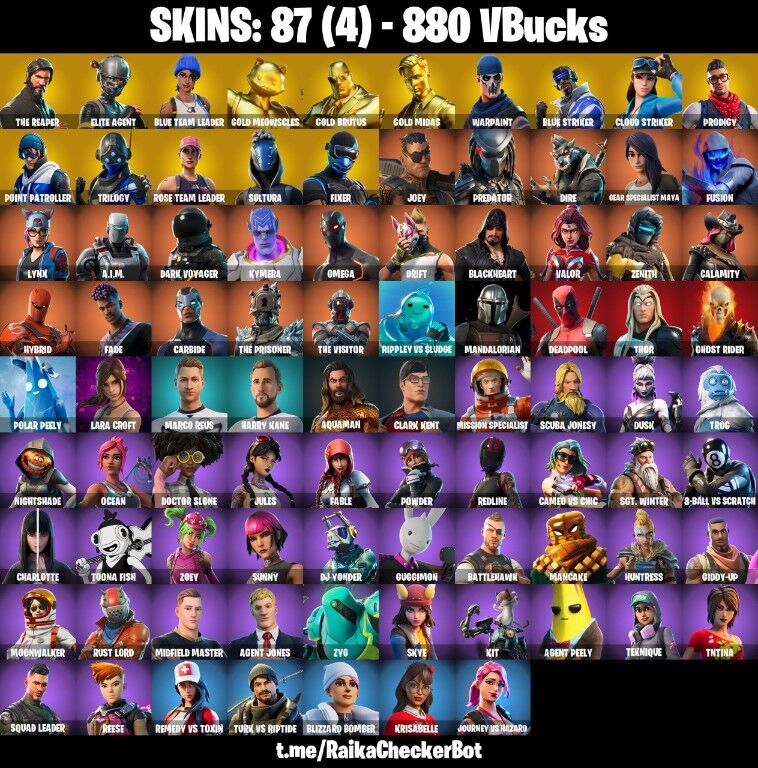Fortnite Account ( PLAYSTATION / XBOX / PC / NINTENDO ) (The Reaper, Take the L, Gold Midas, Gold Brutus, Gold Meowscles, OG STW) (87 Skins)