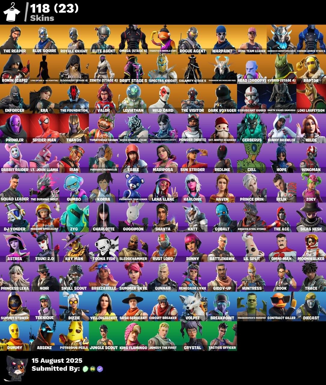 Fortnite Account ( PLAYSTATION / XBOX / PC / NINTENDO ) (THE REAPER, BLUE SQUIRE, ROYALE KNIGHT, ELITE AGENT, ROGUE AGENT) (118 Skins)