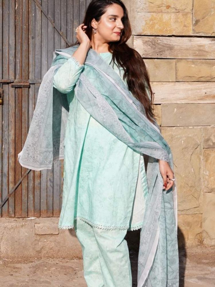 Women's Mint Green Ready-to-Wear 3-Piece Printed Lawn Suit