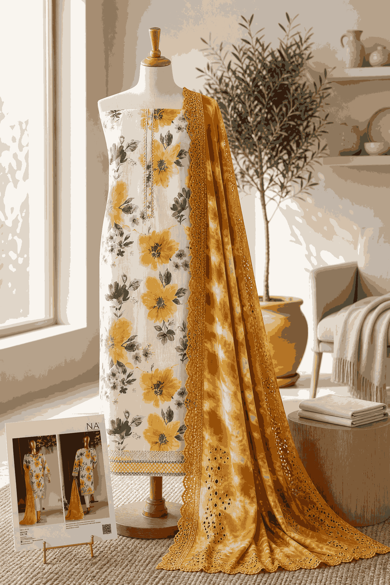 White, Yellow & Blue Floral Lawn Chikan Kari Unstitched Suit Sunny & Stylish