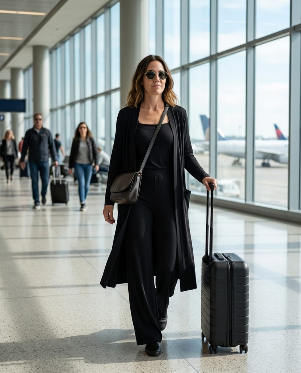 A woman wearing a black wrinkle-free travel set walking through an airport with one carry-on