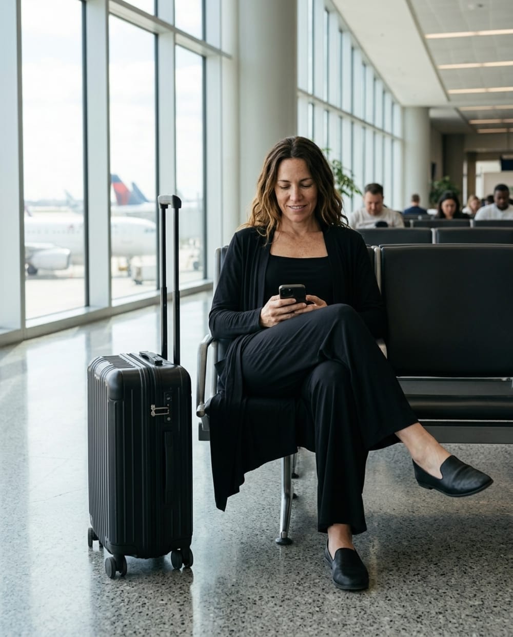 A woman in a black wrinkle-free travel set seated at an airport gate with a carry-on