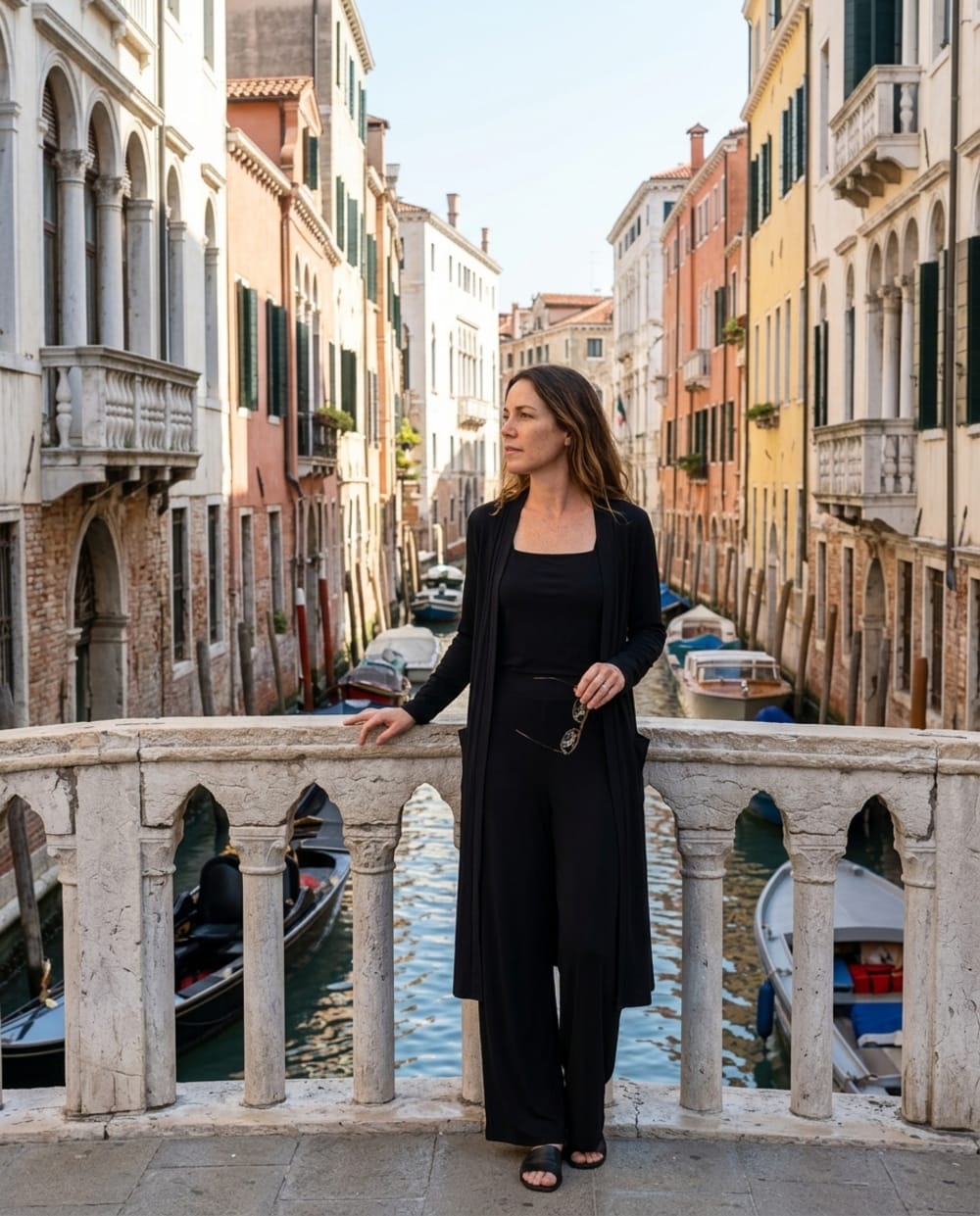 A woman in a black travel set on a Venice canal bridge