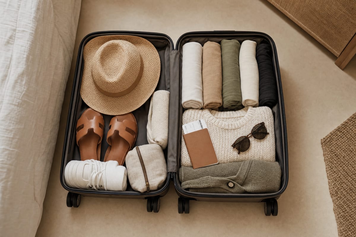 An open carry-on neatly packed with a neutral wrinkle-free travel capsule, hat, and sandals