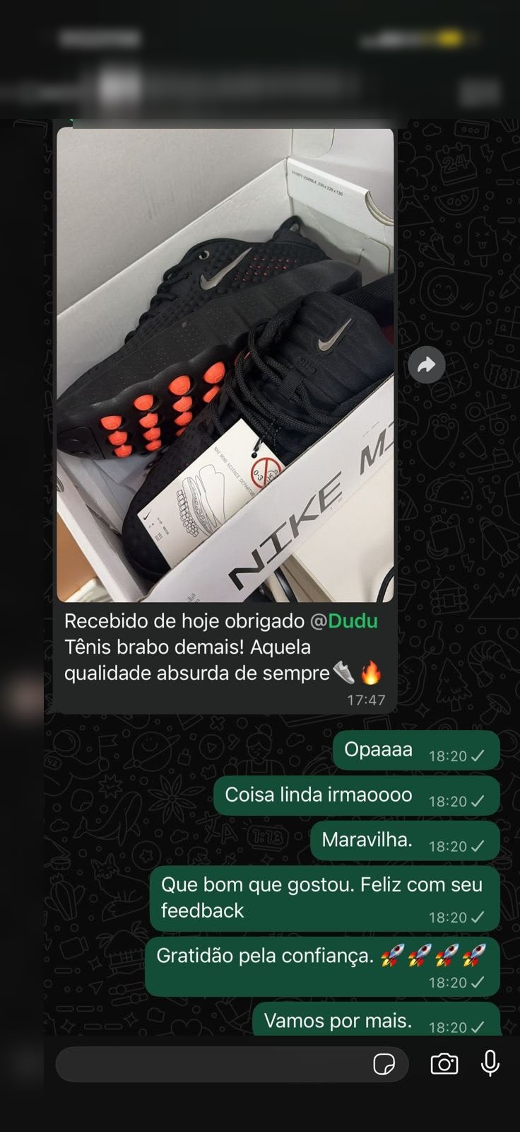 Depoimento de cliente da Rackys no WhatsApp