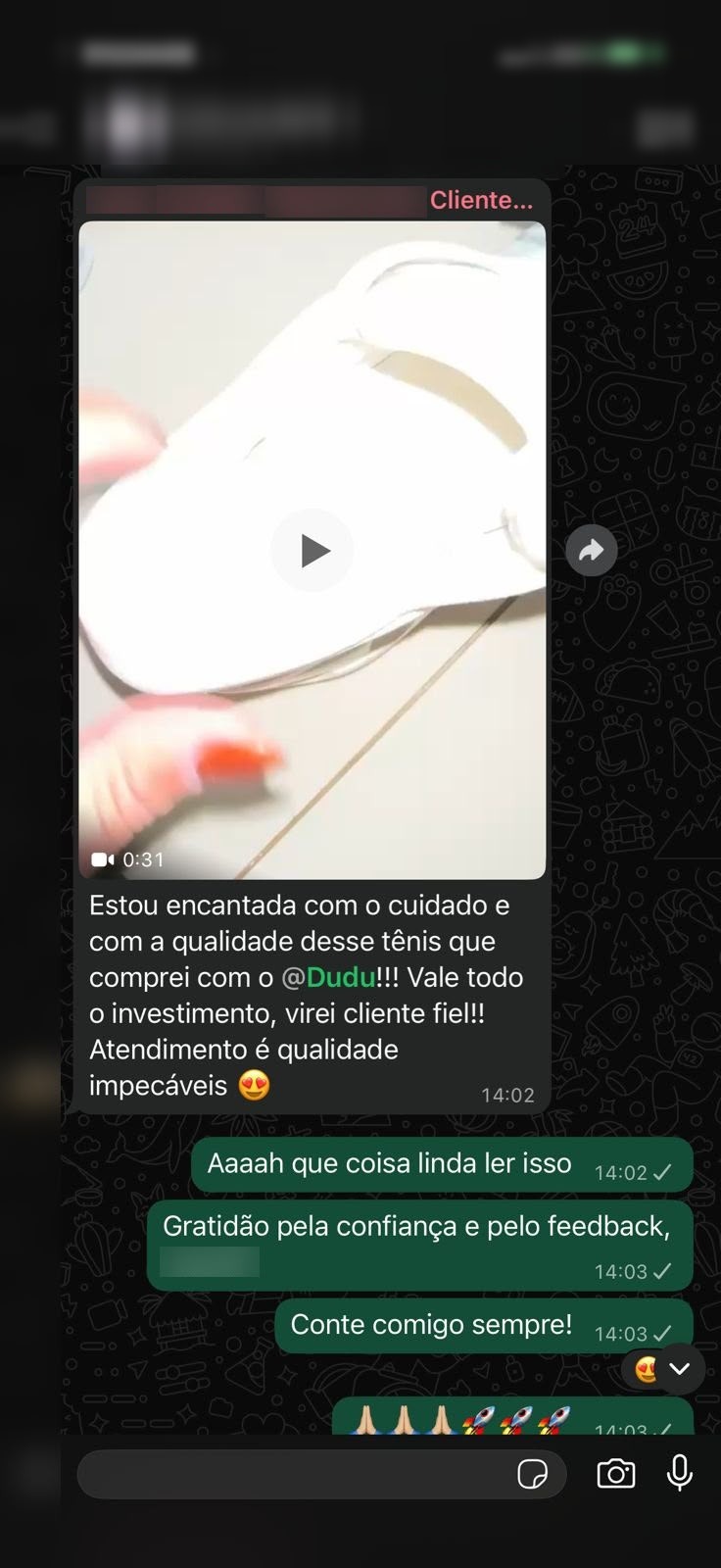 Depoimento de cliente da Rackys no WhatsApp