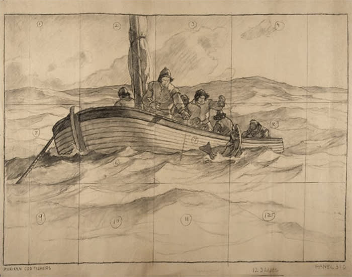 NC Wyeth, Puritan Cod Fishers, composition drawing for Metropolitan Lifemural, 1944-1945, charcoal and graphite on paper, 38 ¼ x 54 in. Brandywine River Museum of Art