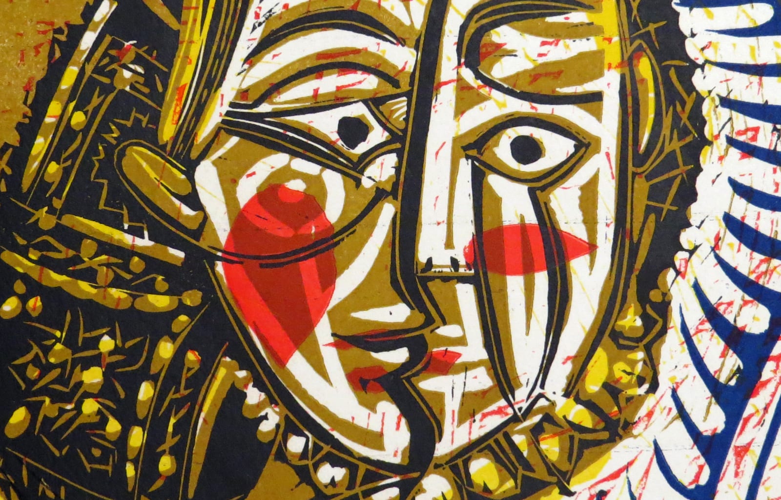 Detail of Picasso's color linocut "Buste de femme (d’après Cranach le Jeune)" (1958).