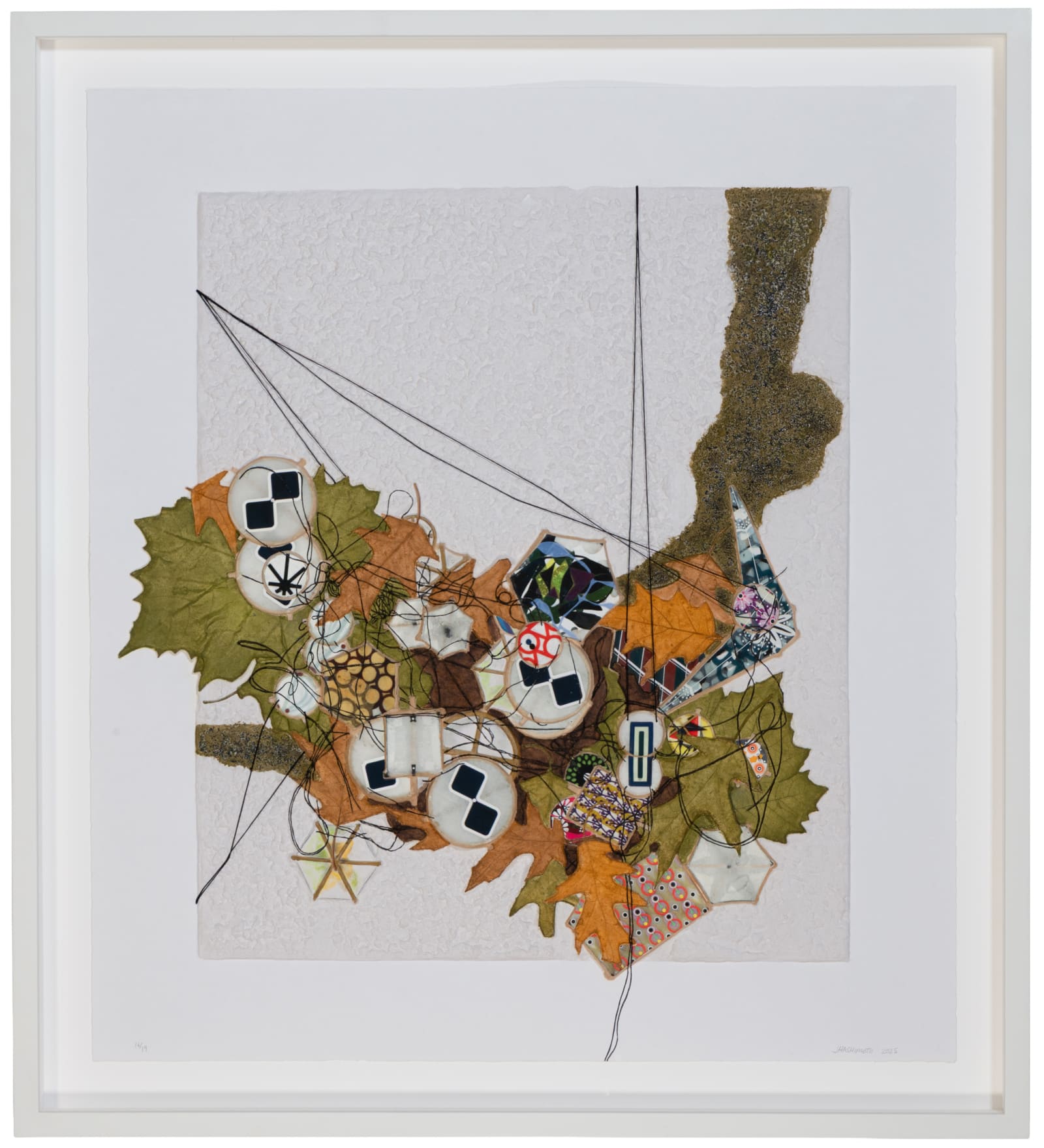 The Invention, 2025, Mixografia® print on handmade paper, archival pigment print, and string by Jacob Hashimoto