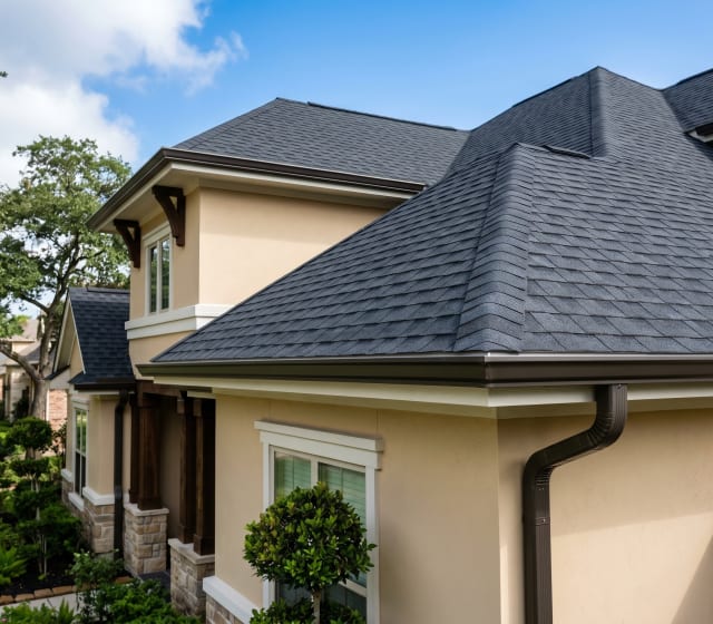 Asphalt shingle roof after soft-wash treatment removing algae and mildew — The Heights, Houston