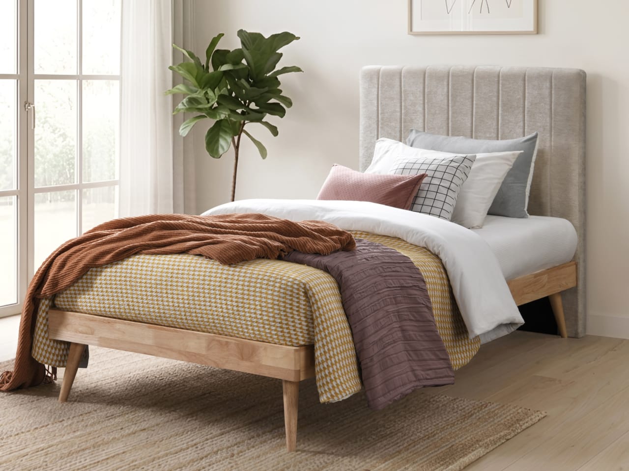 Franki 2PCE King Single Headboard and Bed Base Bundle | Natural & Beige Fabric