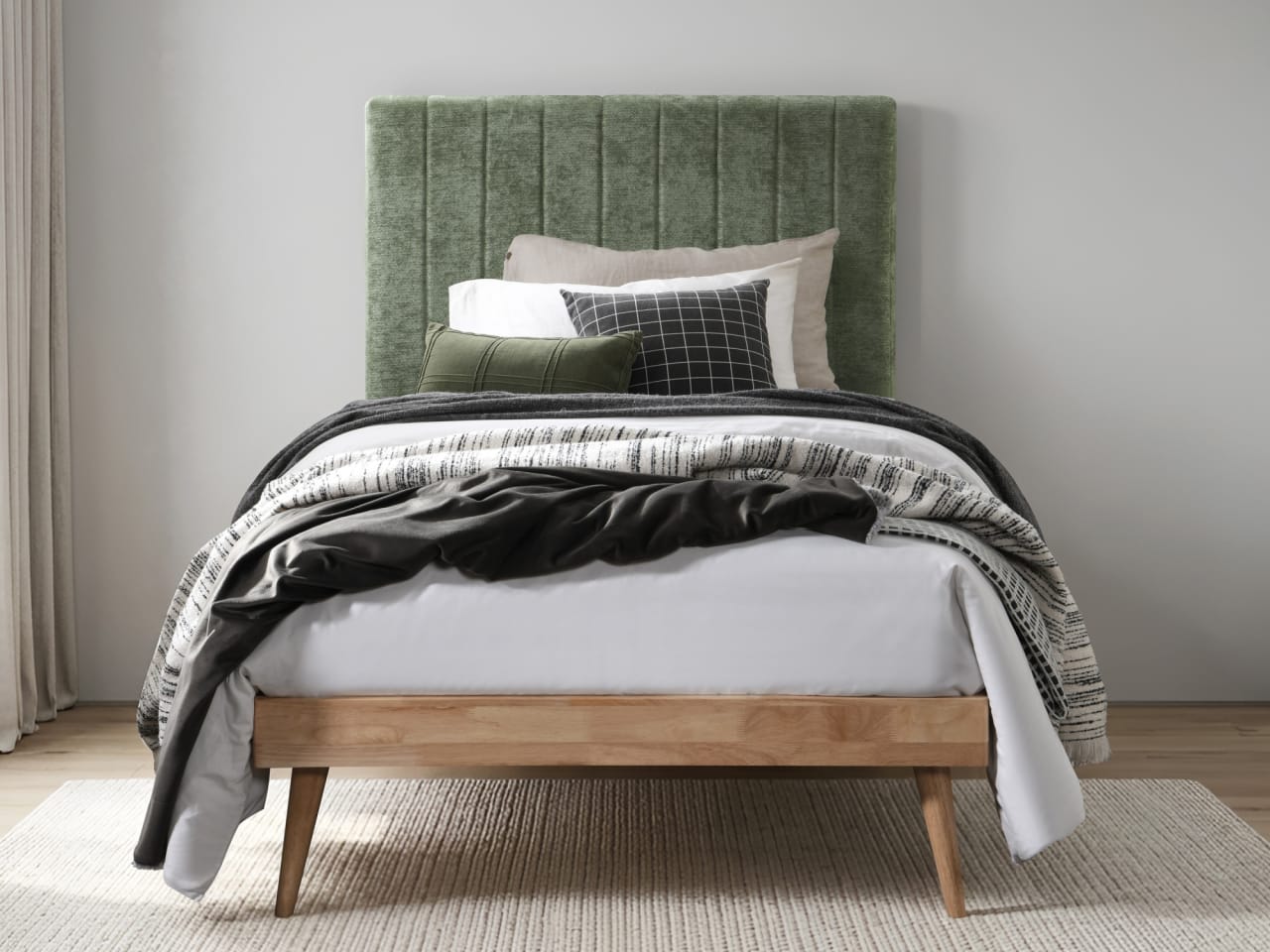 Franki 2PCE Single Headboard and Bed Base Bundle | Natural & Green Fabric