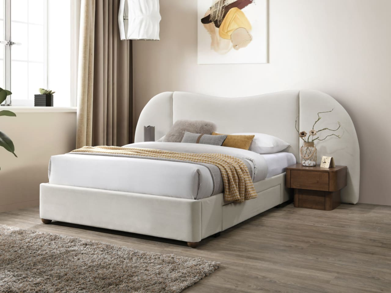 Angora Queen Storage Bed | Cream Mohair Style Fabric