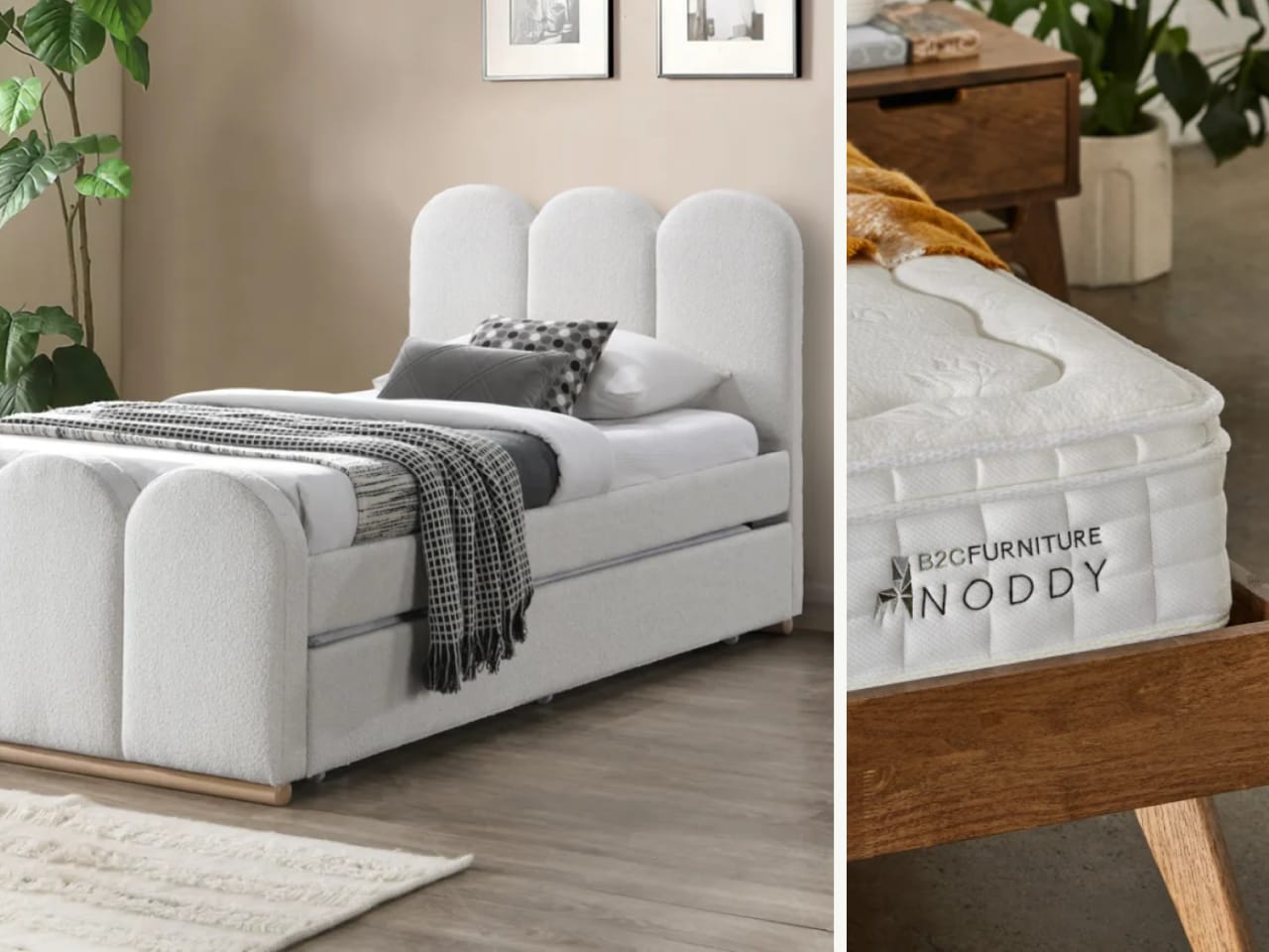 Arc King Single Buddy Bedroom Bundle | Bed + Mattress | Boucle Beige Fabric