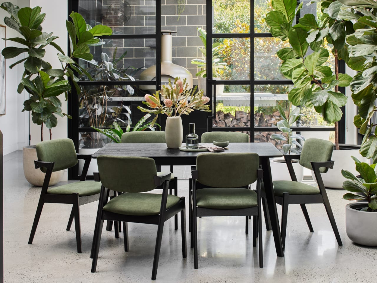 Cannes 7PCE Hardwood Black Dining Set | Green Fabric