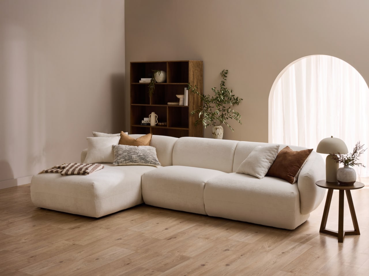 Courbe 2PCE Living Room Package | Left Chaise | White & Rustic Walnut
