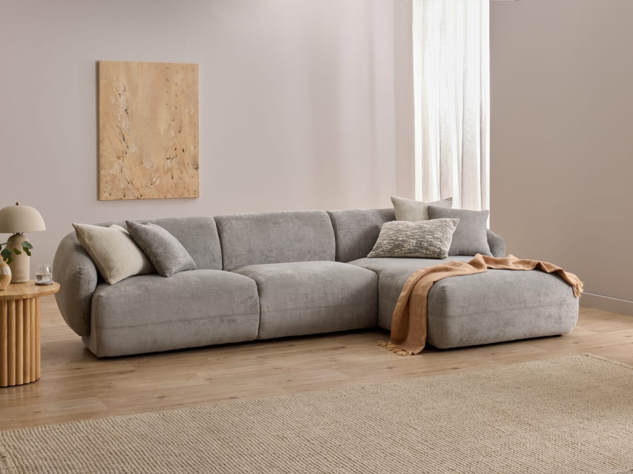 Courbe 2PCE Living Room Package | Right Chaise | Grey & Natural