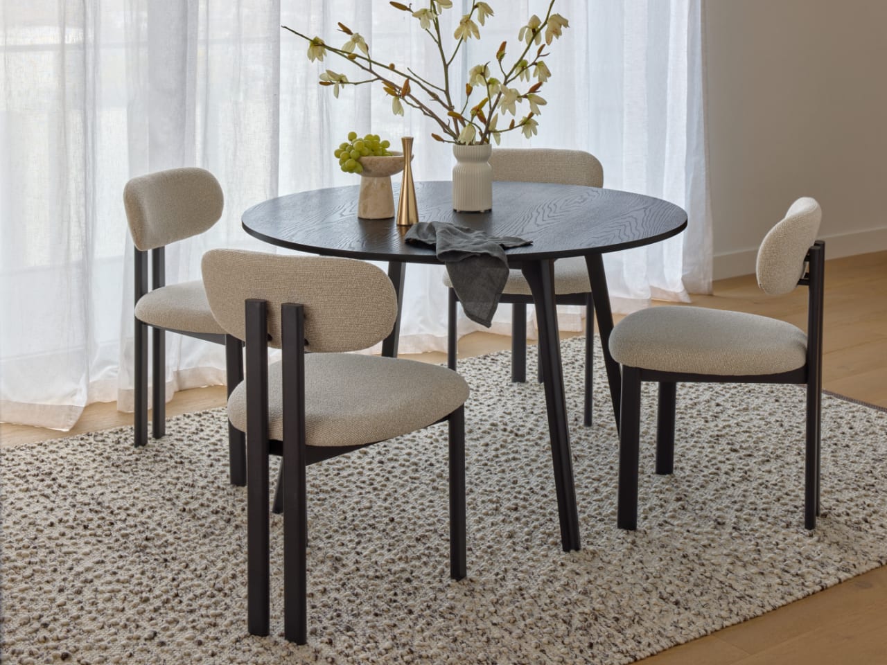 Florida 5PCE Round Black Dining Set | Beige Fabric